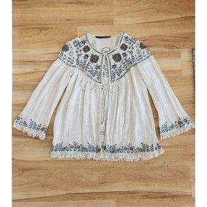 Zara Trafaluc Womens Beige Cardigan Sz S Sequined Embroidered Boho Tie Fringe